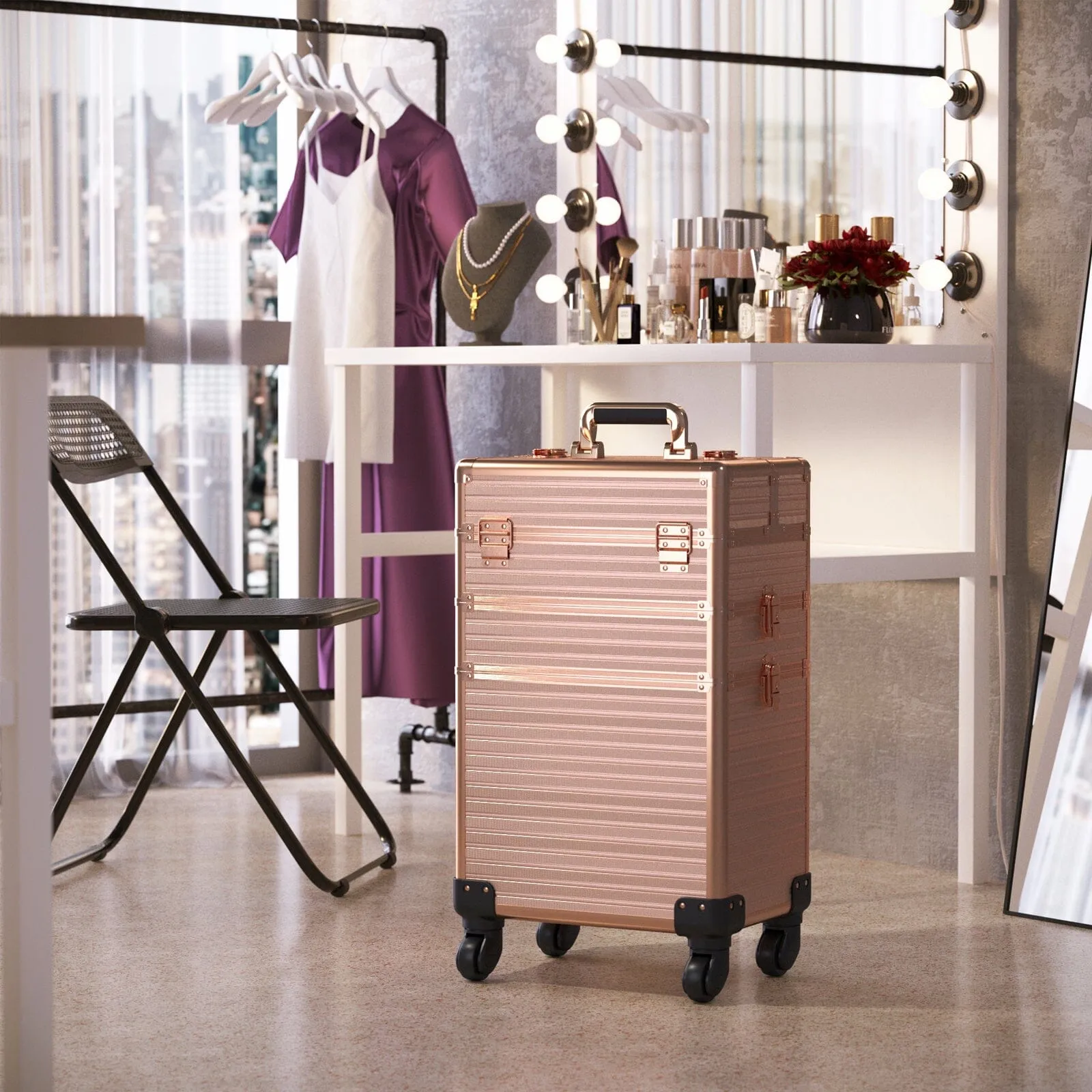 3 in 1 Rose Gold/Black Portable Cosmetic Travel Case with Wheels