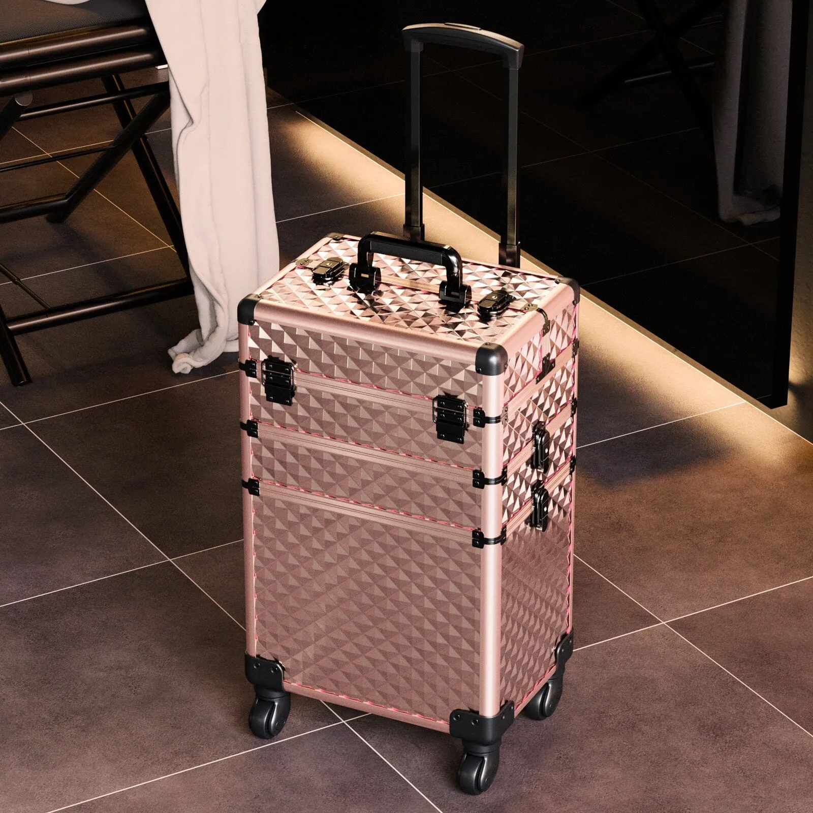 3 in 1 Rose Gold/Black Portable Cosmetic Travel Case with Wheels