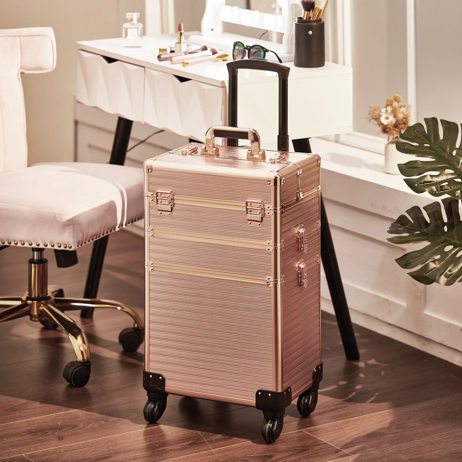 3 in 1 Rose Gold/Black Portable Cosmetic Travel Case with Wheels