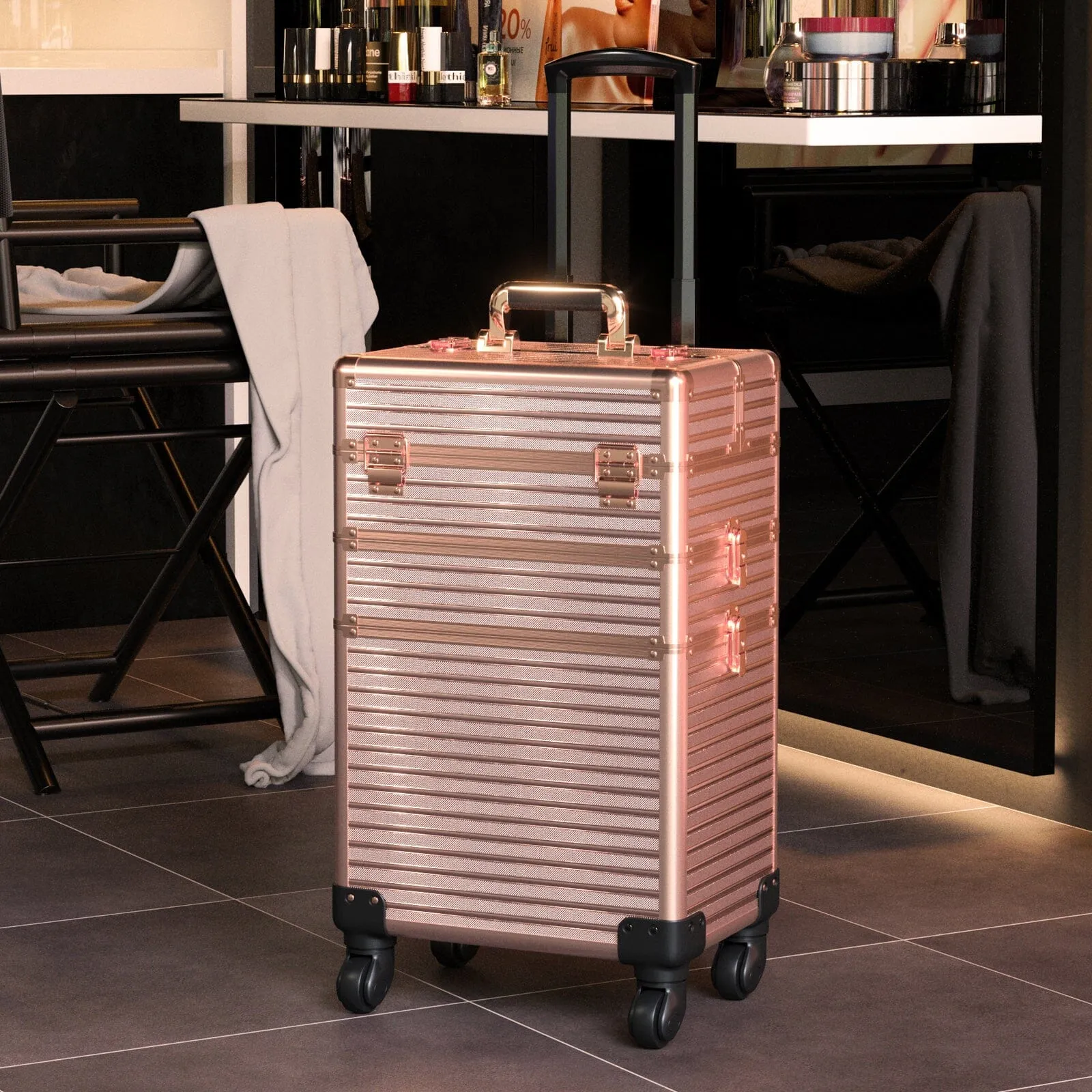 3 in 1 Rose Gold/Black Portable Cosmetic Travel Case with Wheels