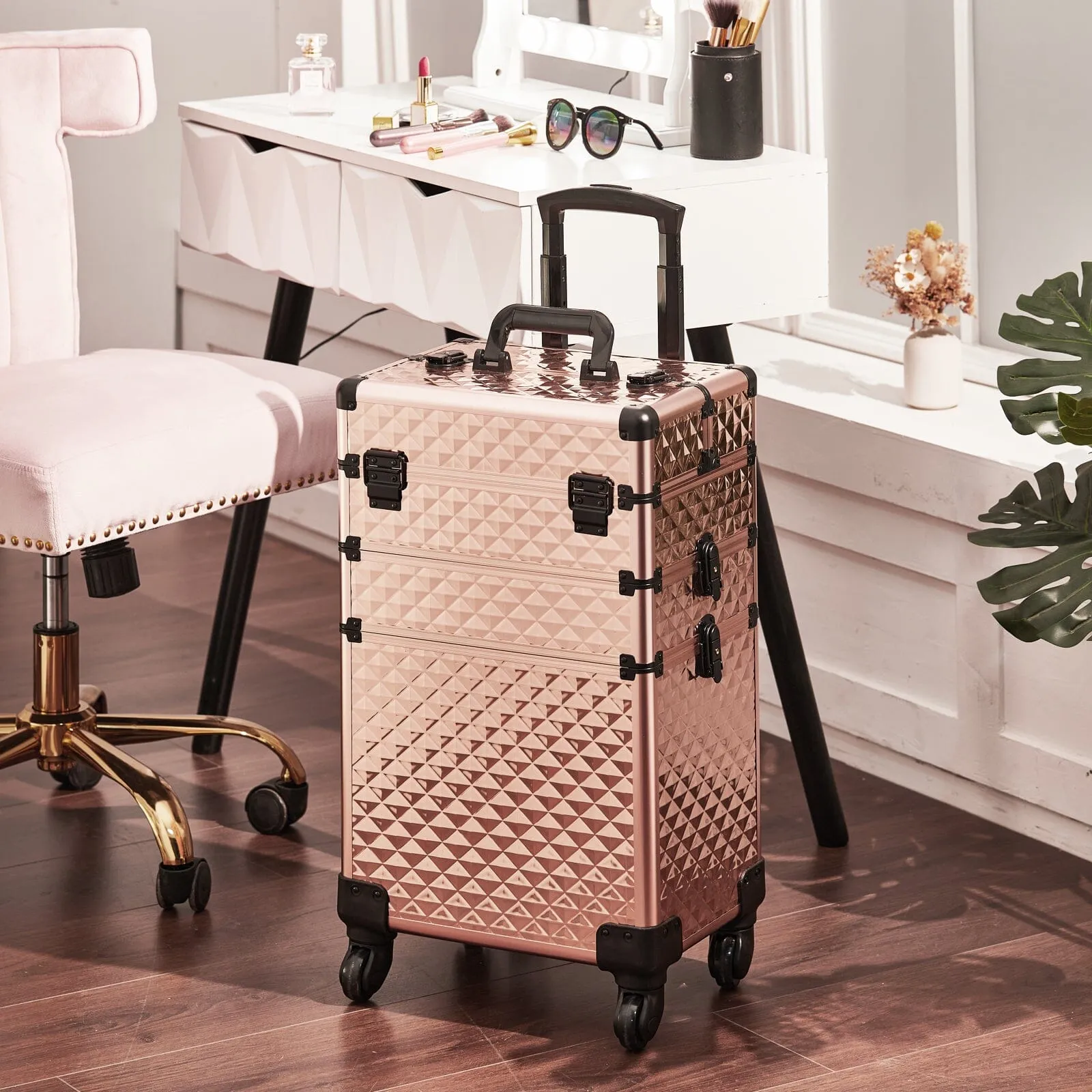 3 in 1 Rose Gold/Black Portable Cosmetic Travel Case with Wheels