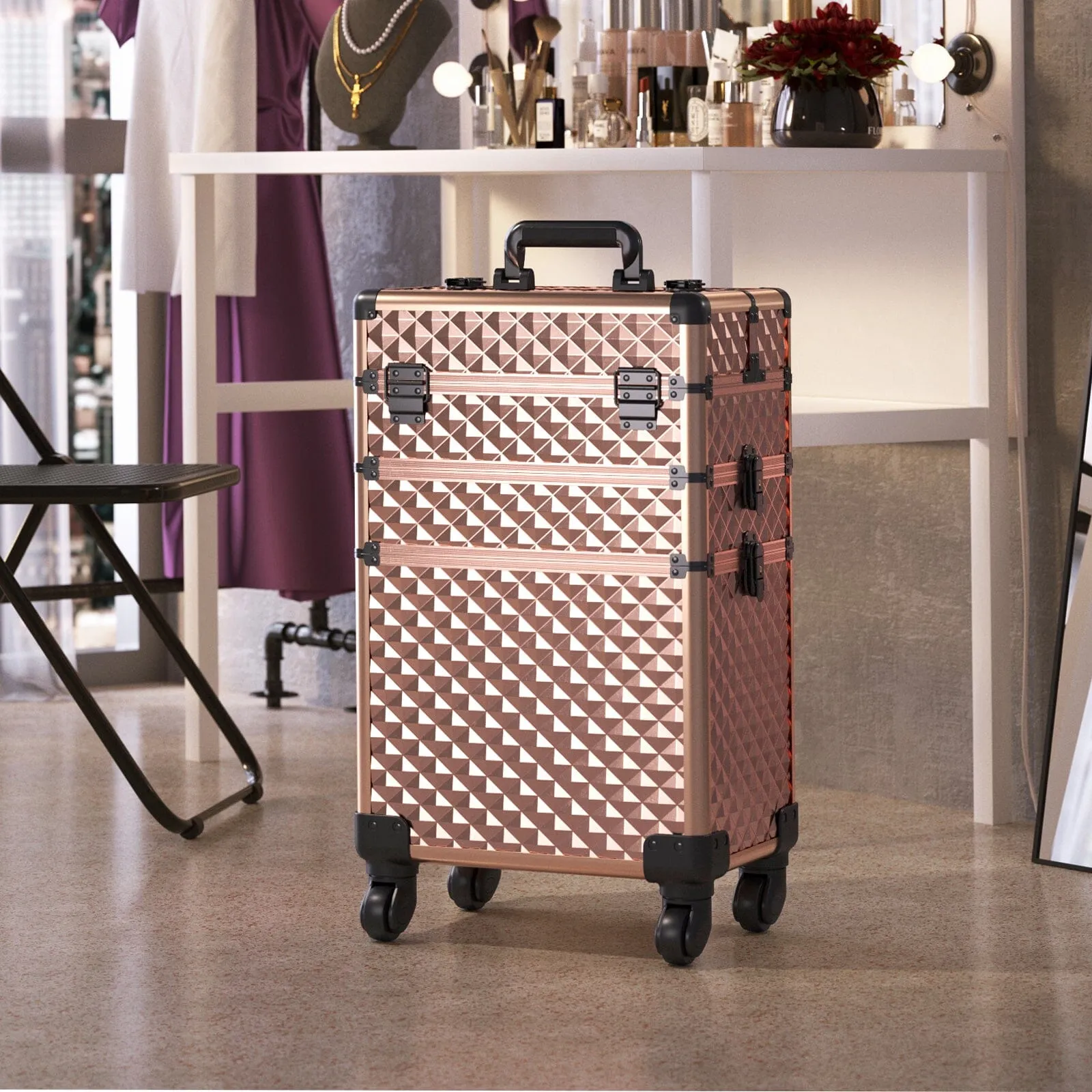 3 in 1 Rose Gold/Black Portable Cosmetic Travel Case with Wheels