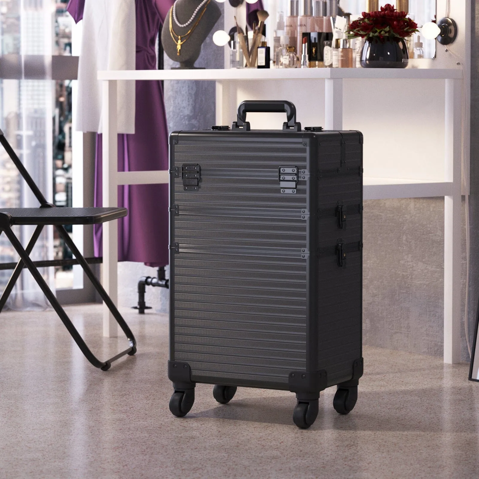 3 in 1 Rose Gold/Black Portable Cosmetic Travel Case with Wheels