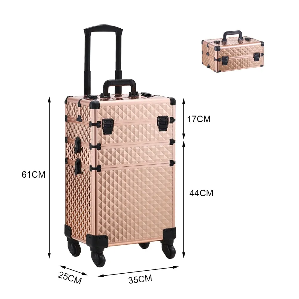3 in 1 Rose Gold/Black Portable Cosmetic Travel Case with Wheels
