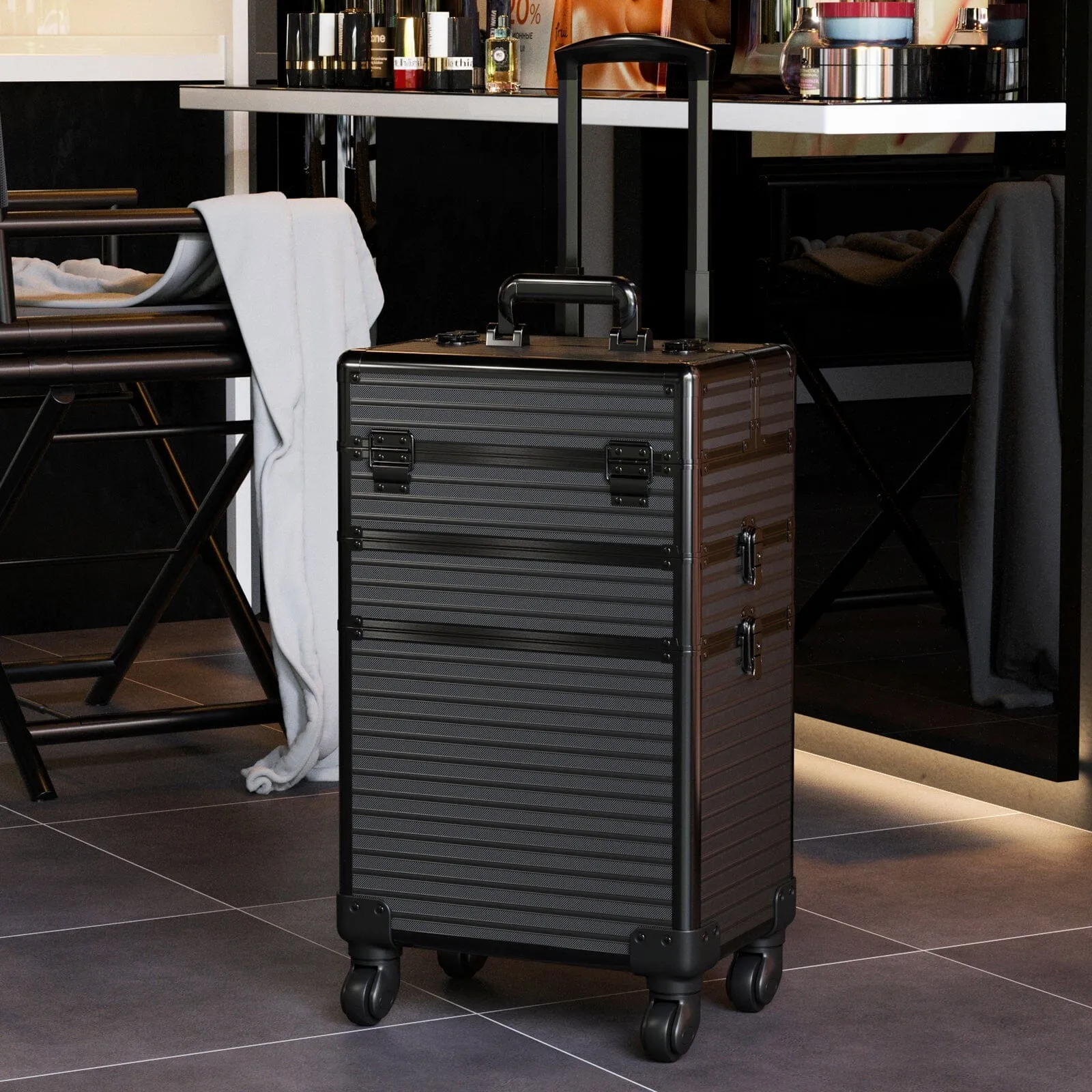 3 in 1 Rose Gold/Black Portable Cosmetic Travel Case with Wheels