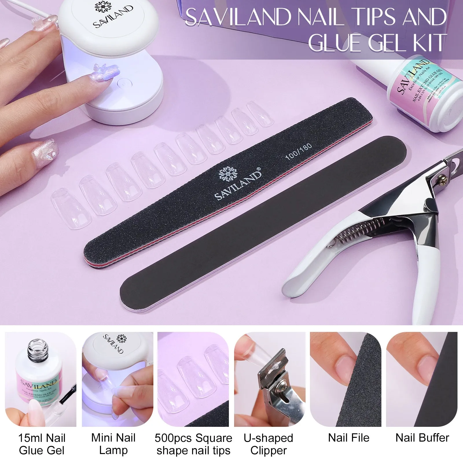 500Pcs Nail Tips and 4 In 1 Glue Gel Kit - Square Shape Fake Nail Tips Full Cover
