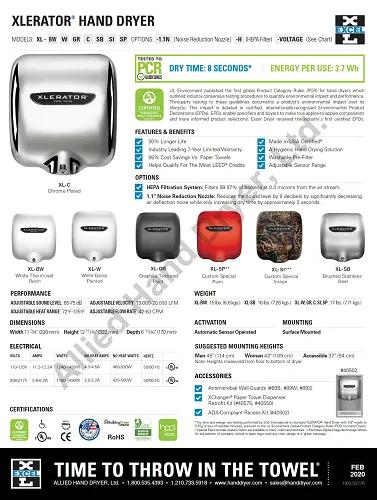 Excel Dryer XLERATOR® XL-CH Hand Dryer with HEPA Filter - Polished Chrome High Speed Automatic Surface-Mounted