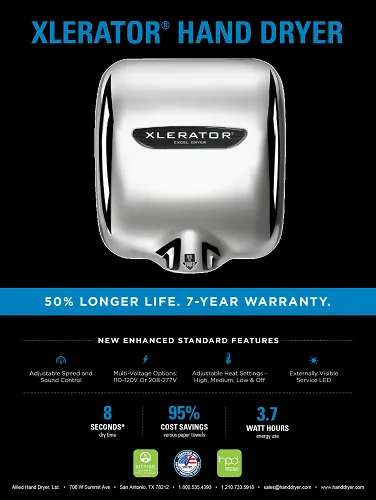 Excel Dryer XLERATOR® XL-CH Hand Dryer with HEPA Filter - Polished Chrome High Speed Automatic Surface-Mounted