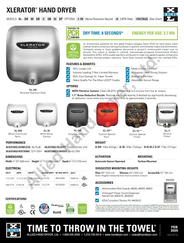 Excel Dryer XLERATOR® XL-SBH Hand Dryer with HEPA Filter - Brushed Stainless Steel High Speed Automatic Surface-Mounted