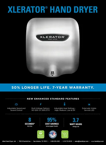 Excel Dryer XLERATOR® XL-SBH Hand Dryer with HEPA Filter - Brushed Stainless Steel High Speed Automatic Surface-Mounted