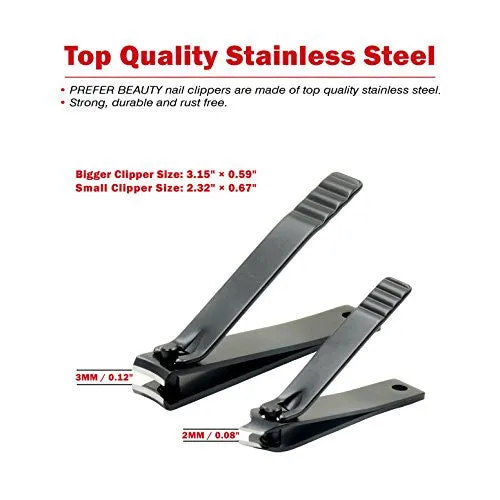 PREFER BEAUTY – STAINLESS STEEL SHARP NAIL CLIPPERS KIT FOR FINGERNAILS & TOENAIL   1 BLACK NAIL CLEANER / FILE GIFT FOR MEN & WOMEN SET OF 3 WITH LEATHER TRAVEL CASE