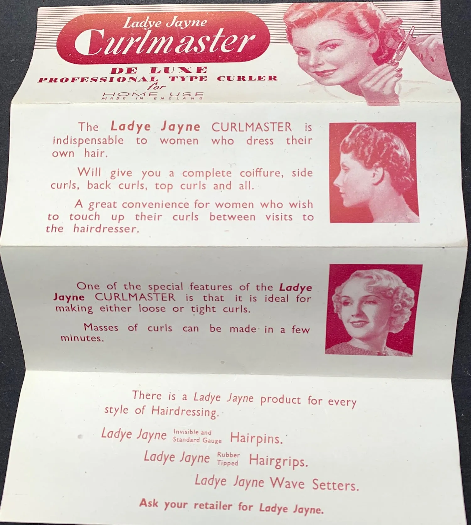 Unused 1940s Ladye Jayne Curlmaster for Home Use "DE LUXE PROFESSIONAL TYPE CURLER"